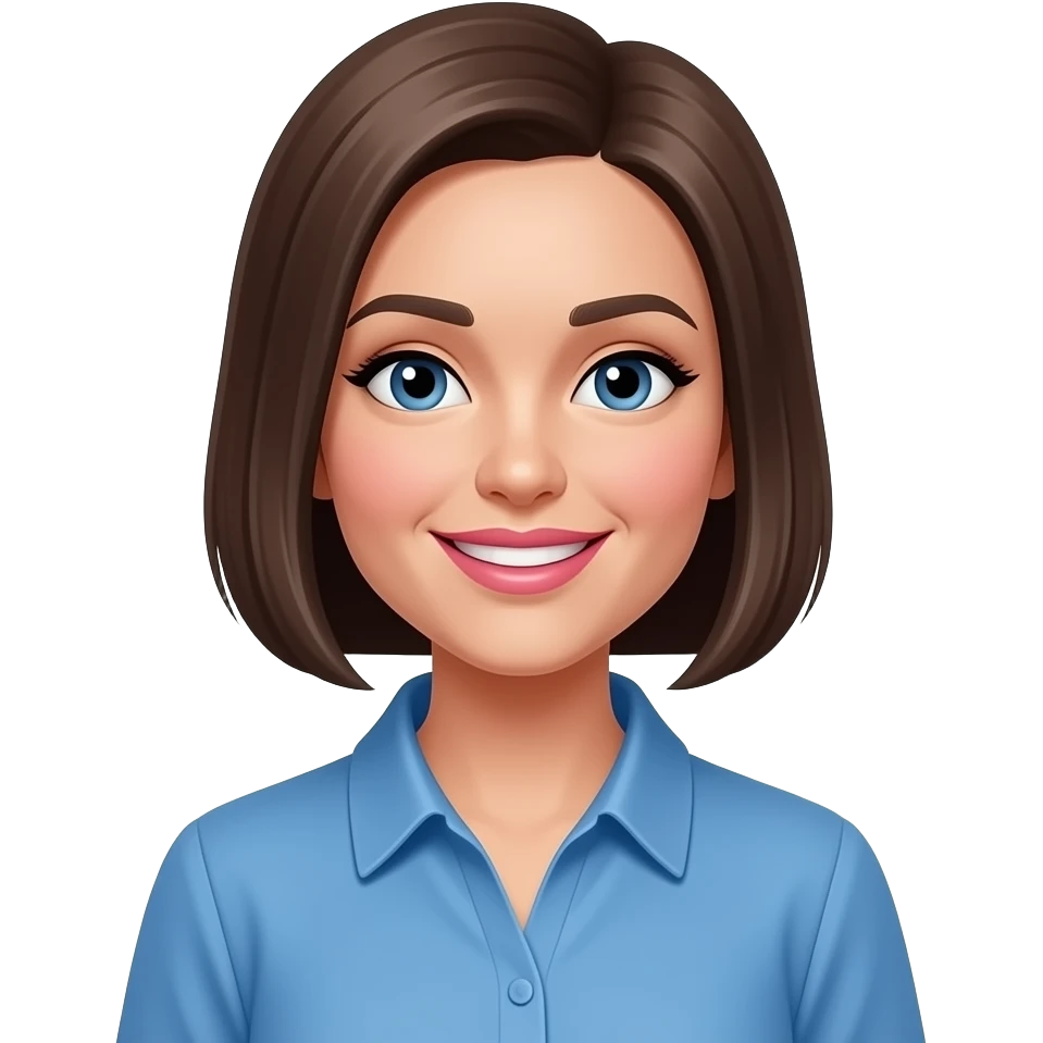 blue shirt woman short brown hair straight smiling pink lips with confetti background emoji