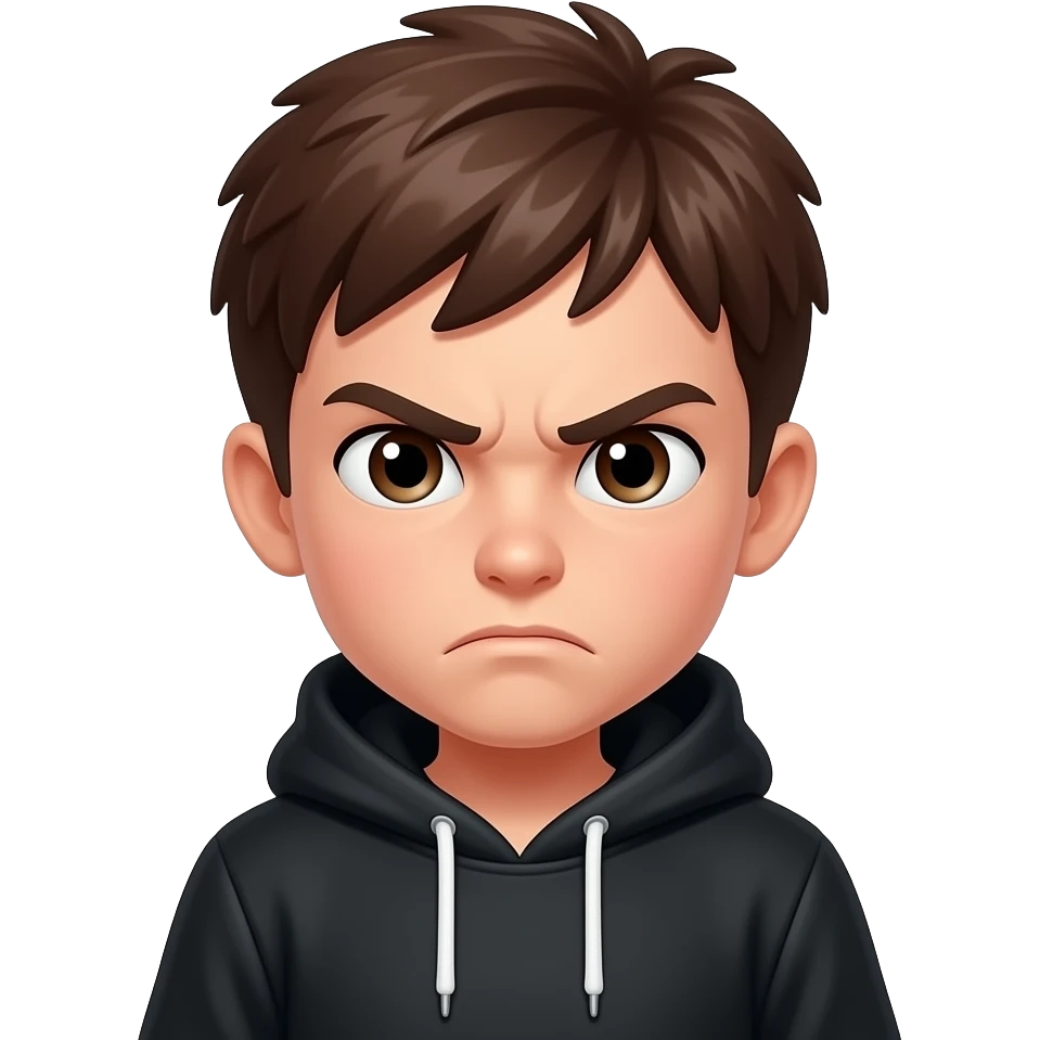 Brown hair, black hoddie, angry boy, emoji