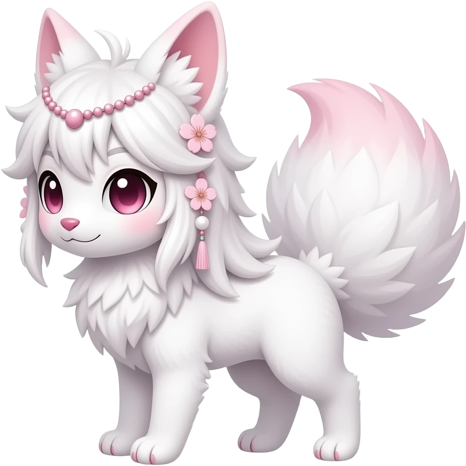 White sakura floral Fuzzy slim oriental feathery long-haired beaded mane cozy rosy aesthetic feathery Rosy beautiful Sylveon-Furret-Fennekin-Minccino-Espeon-Fakémon-hybrid emoji