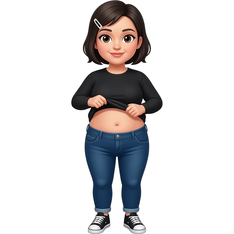 White woman with black short hair, white hair clip on the left of her hair, plain black long sleeve shirt, dark blue jeans, white and black sneakers, and a chubby body lifting her shirt to move her belly emoji