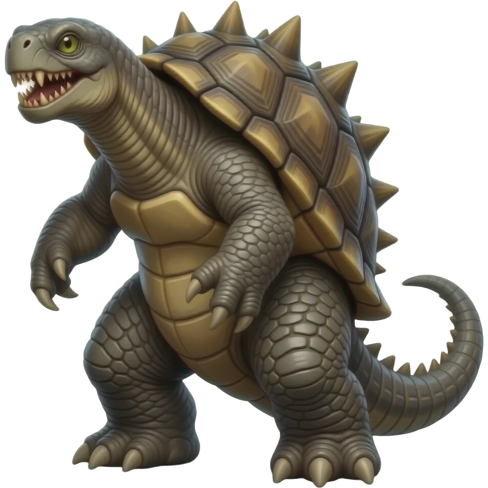 Enormous prehistoric turtle with Rough, spiked shell, Elephant-like legs with claws, Beaked mouth, Ability to retract limbs into its shell, with glowing eyes and tusk-like fangs, kaiju, stands on hind legs emoji