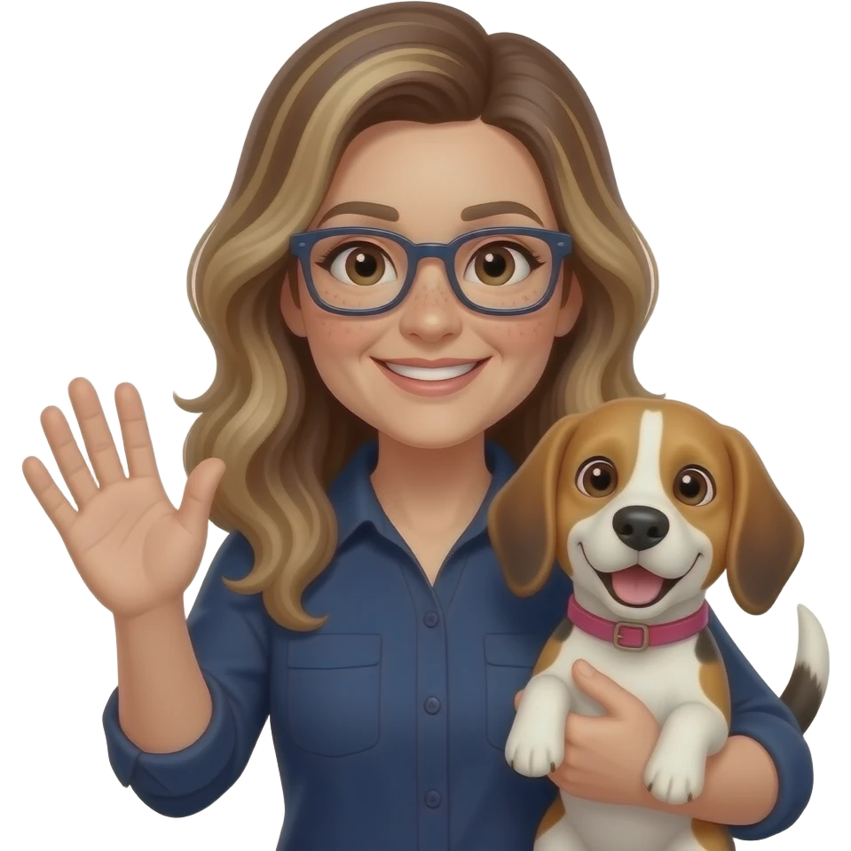 50-year-old woman with very dark brown eyes,  long brown balayage hair, parted on the left side, with pale skin and freckles, with dark navy rectangular glasses, holding a beagle that looks happy. She is wearing a navy shirt. The beagle has a pink collar. The woman is waving hello emoji
