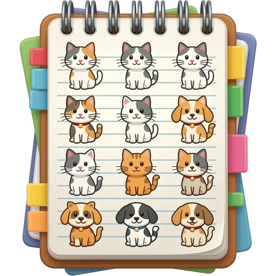 розгублений зошит який малюе на собі десять котів й собак emoji