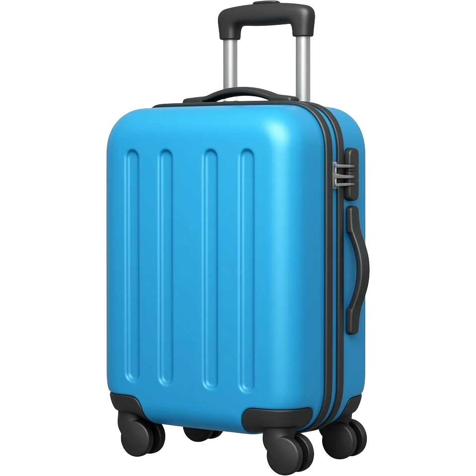 blue travel suitcase, black wheels, in perspective emoji