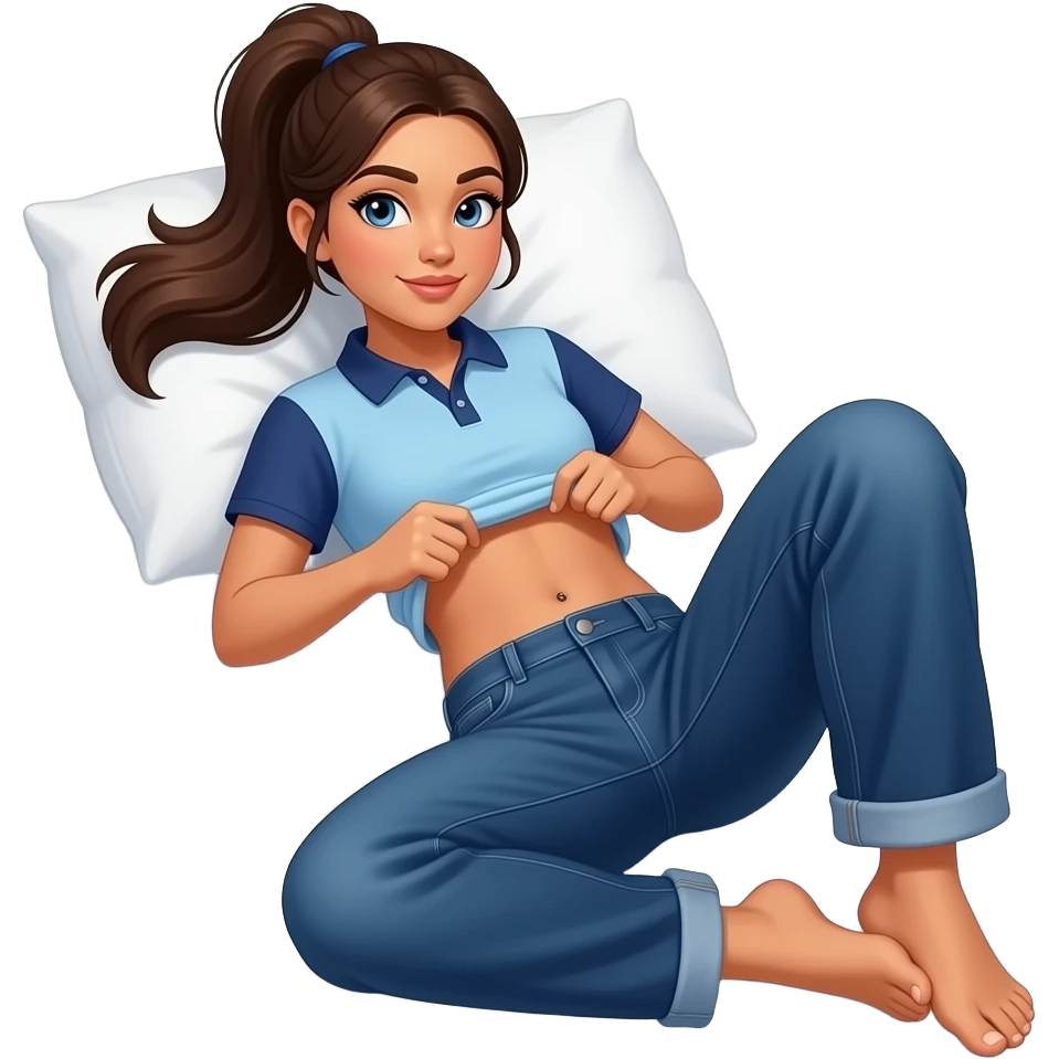 17 year old hispanic woman with brown ponytail and blue eyes light blue dark blue polo and dark blue baggy jeans and belly button lifting her shirt laying on pillow in bed showing her feet emoji
