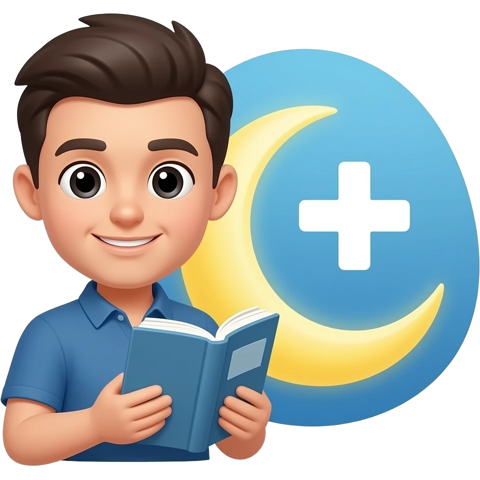 can you create a emoji face reading a book with the moon and big plus in blue circle symbols beside him. emoji