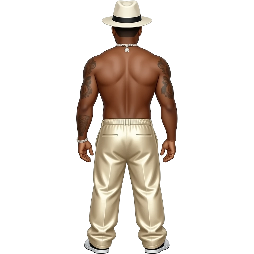 The Notorious B.I.G. from behind with white hat, ivory metallic saggy pants, shirtless with necklace emoji