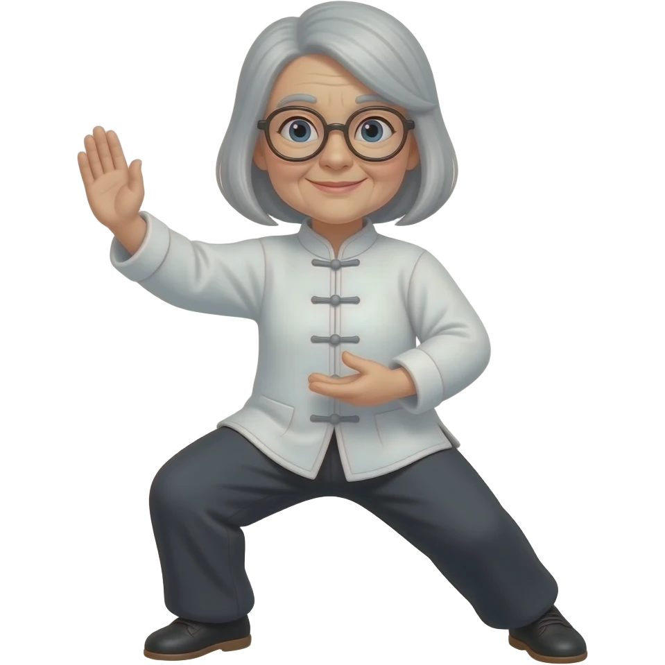 Mince old lady taichi with glasses light medium long gray hair emoji