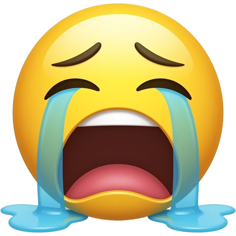 Make a smiley face emoji. Its crying loud. Head turn up. Mouth still visble. Tears are raining on the floor. Mouth open very wide. Eyes not visble emoji