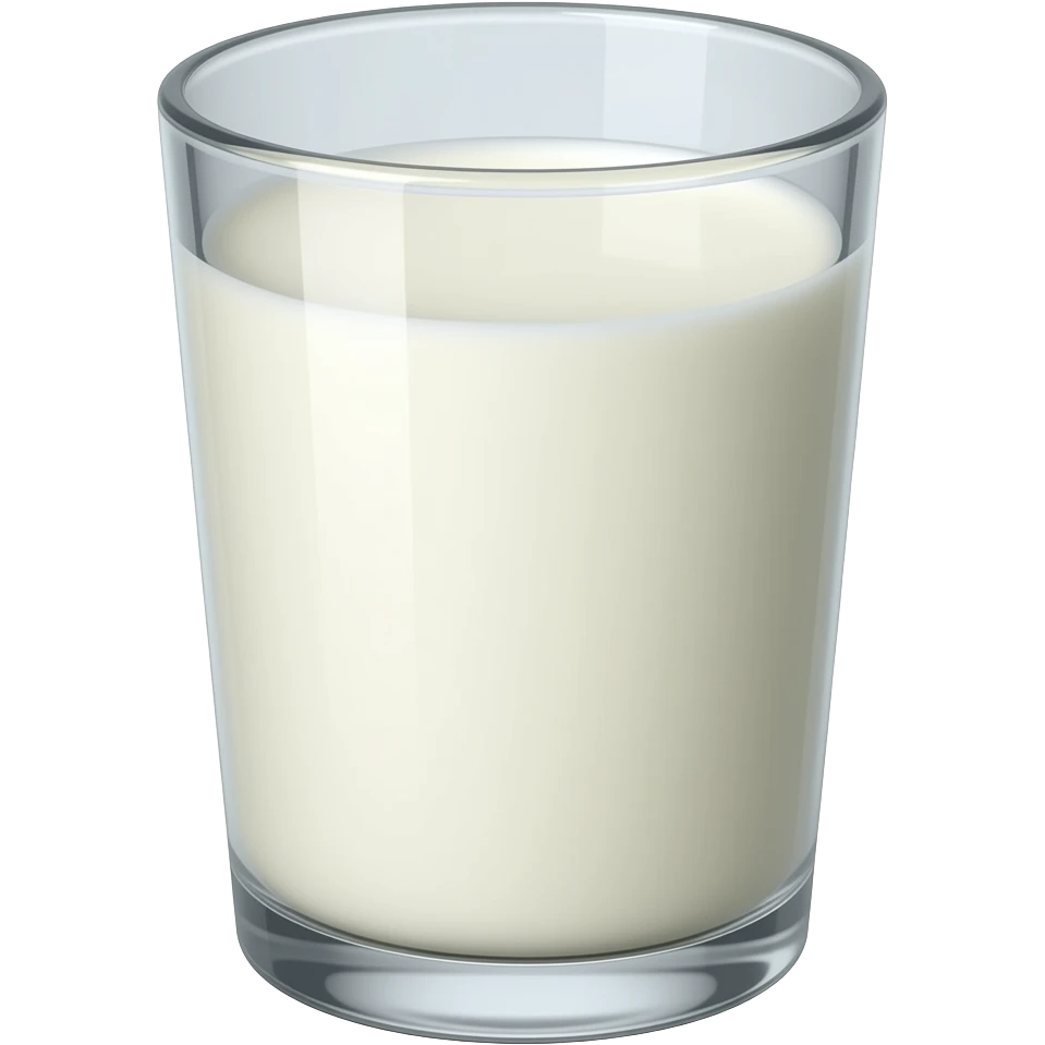 3D emoji style glass of milk, clear glass cup filled with 
fresh white milk, Apple emoji aesthetic, soft highlights, 
transparent background, bold simple shapes emoji