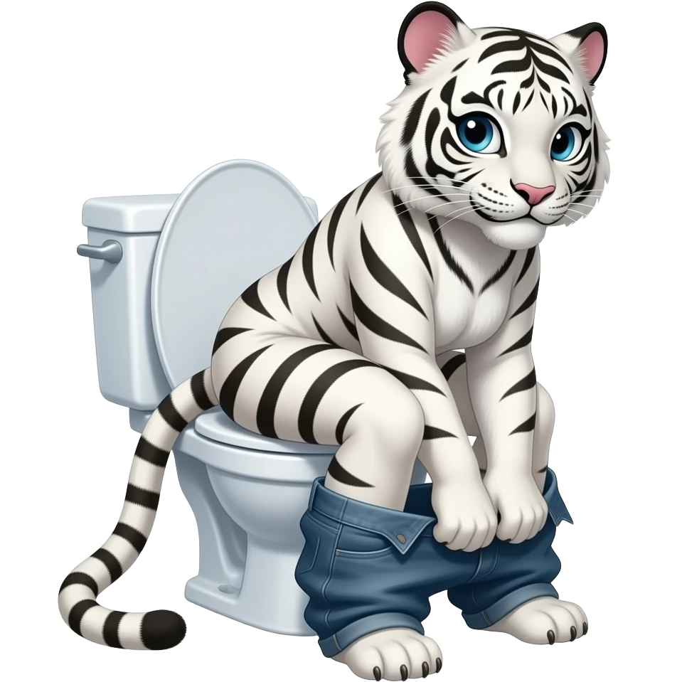 Female white tiger furry person woman sitting on toilet down pants to floor,stretching emoji