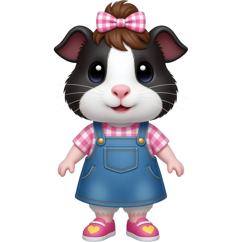 black and white guinea pig with pink long sleeve gingham shirt, jean dress, pink shoes with yellow hearts and a pink gingham bow in hair emoji