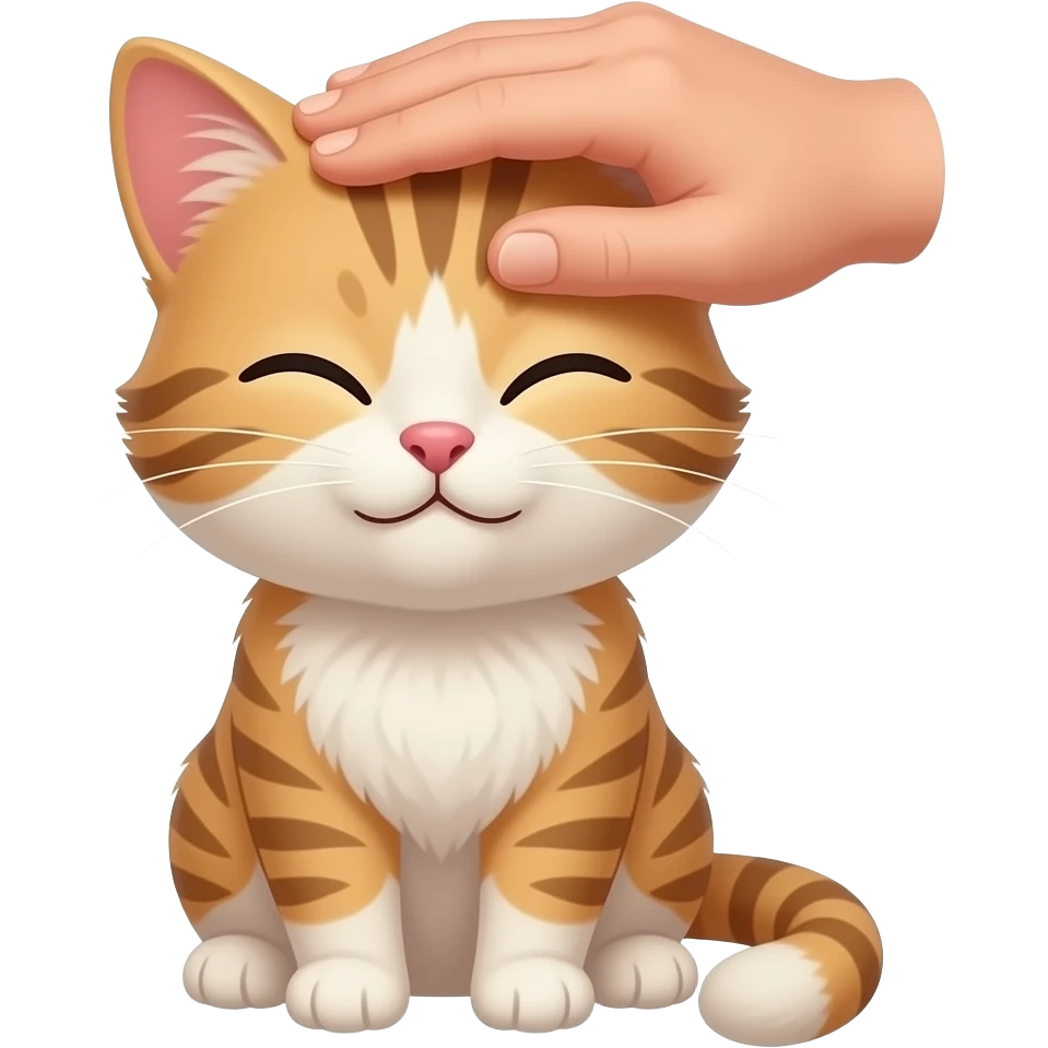 앉아있는 아기 고양이 머리 손으로 쓰다듬기, 고양이는 눈감고 행복해하는 표정 emoji