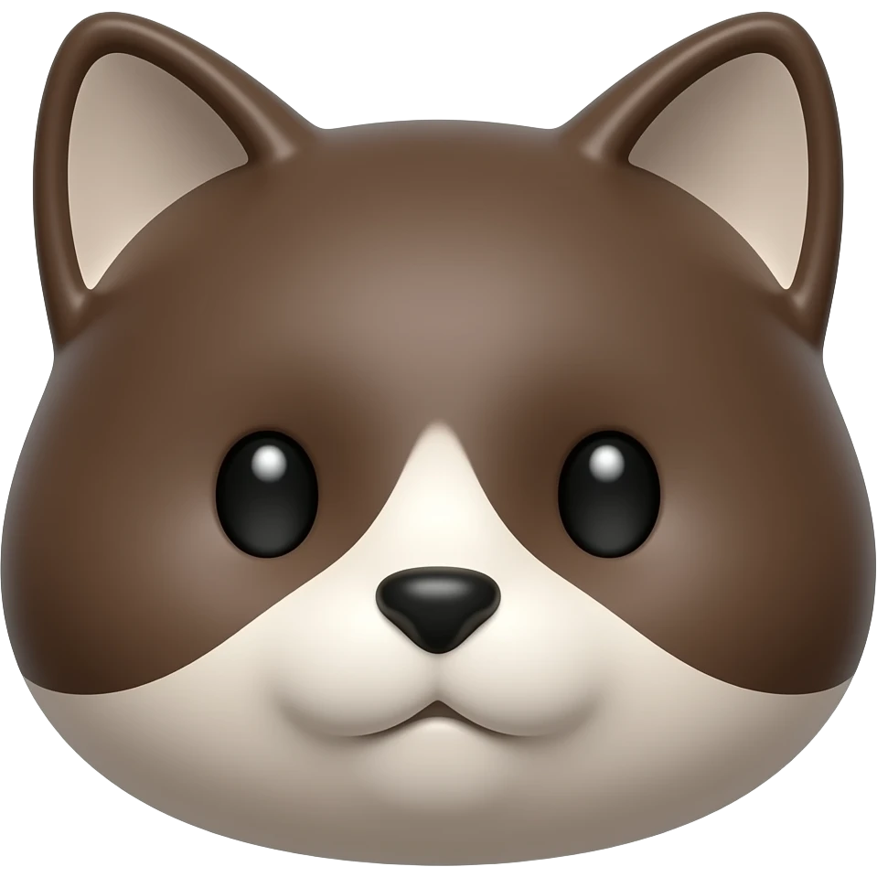 iOS-style emoji sticker of a cat face, dark brown fur, cute minimal 3D glossy emoji style, rounded head, simple soft features, centered composition, white or transparent background, clean design, subtle highlights, no body, no text. emoji