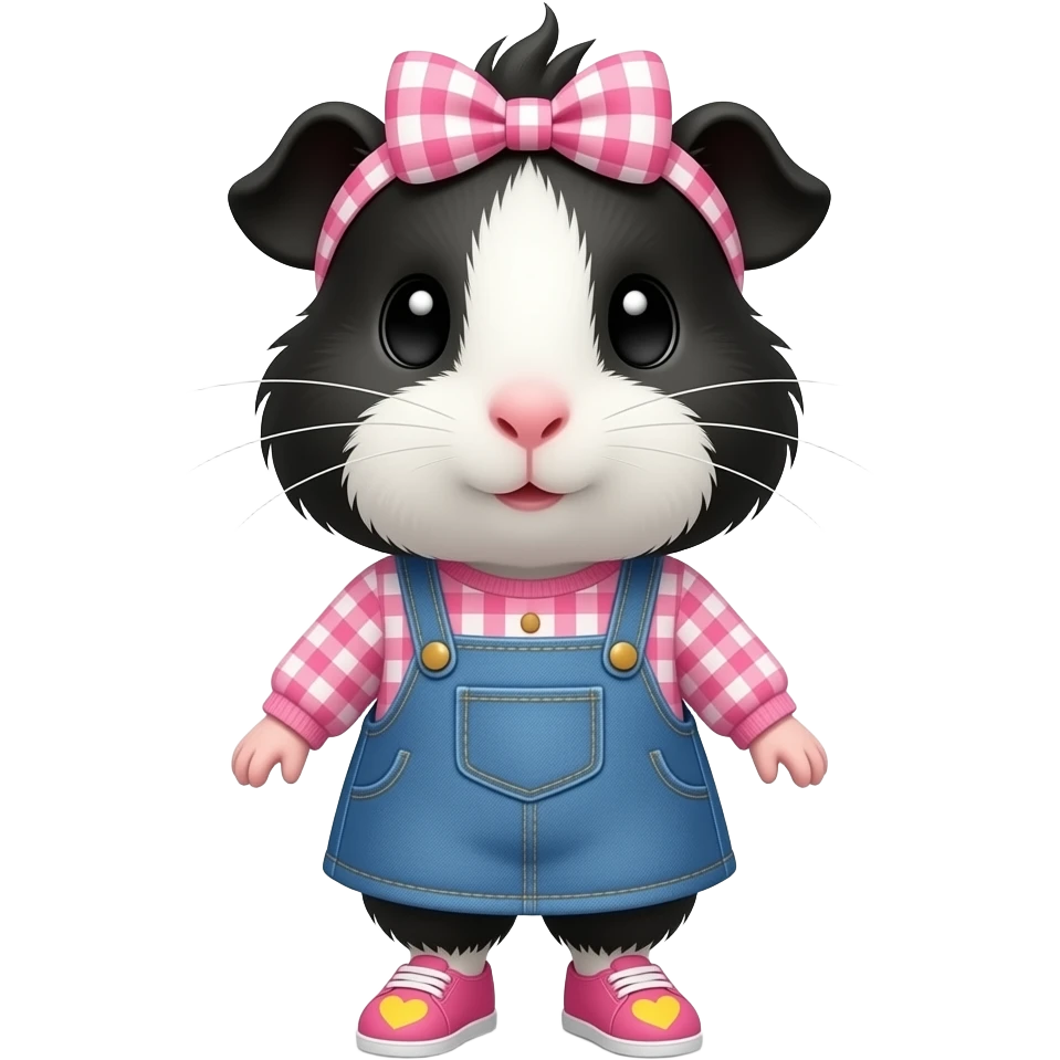 black and white guinea pig with pink long sleeve gingham shirt, jean dress, pink shoes with yellow hearts and a pink gingham bow in hair emoji