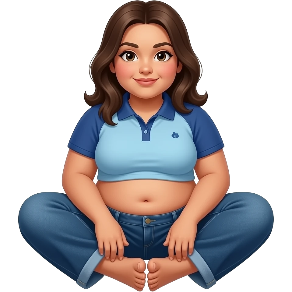 Obese Hispanic girl with brown hair and light blue and dark blue cropped polo with chubby belly button and dark blue baggy jeans sitting down showing her toes emoji