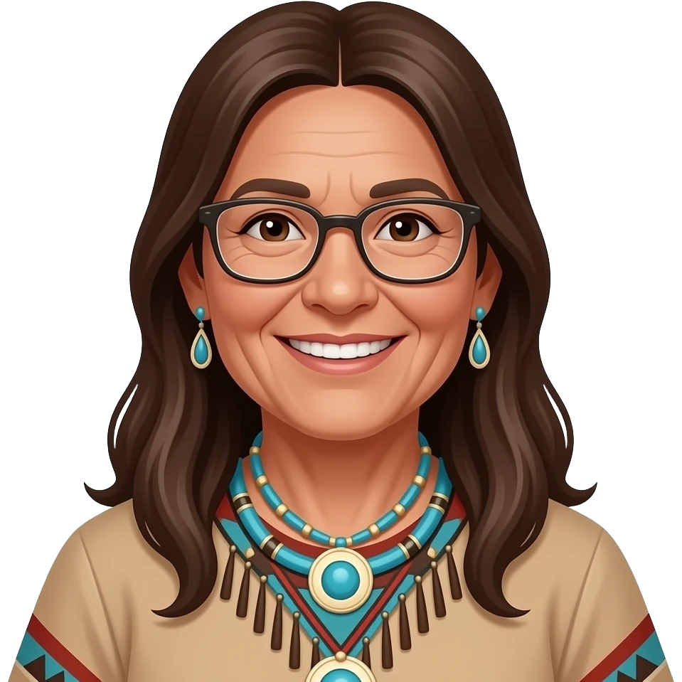 60 year old smiling native american woman, long brown hair, glasses emoji