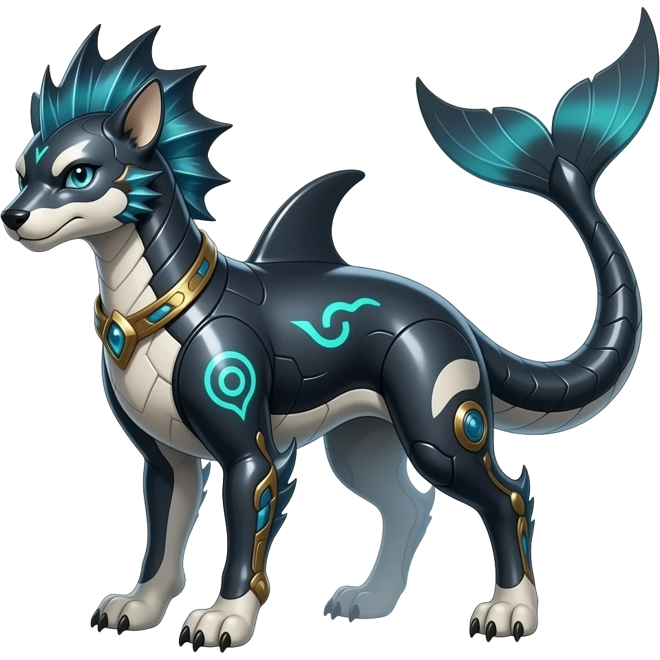Tough realistic Quadrupedal digitigrade shiny glossy smooth finned frilled gothic tall slim unique epic legendary shiny edgy cool cyberpunk-solarpunk-fantasy-Sceptile-Sprigatito-Flyogn-Vaporeon-Electrike-Mudkip-Fakémon-hybrid with an orca tail emoji