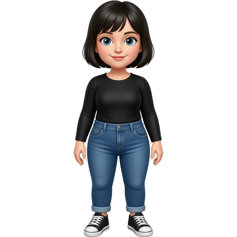 White girl with black short hair, black long sleeve shirt, jeans, white and black sneakers, and a chubby body emoji