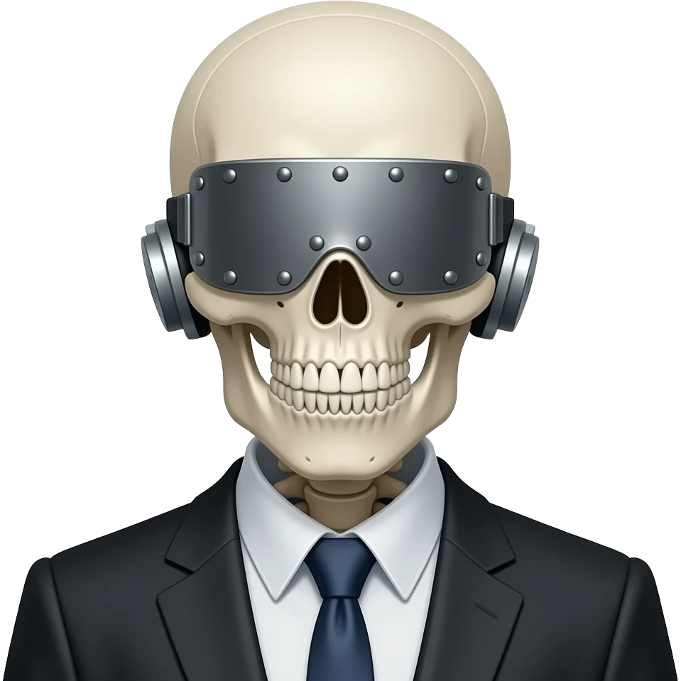 a skeletal figure wearing a suit who embodies the phrase "See no evil, hear no evil, speak no evil" as well as a symbol of censorship. His eyes are covered by a riveted-on visor, his mouth is clamped shut, and his ears are closed with metal caps emoji