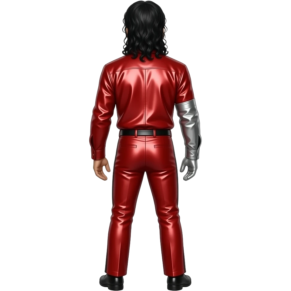 Michael Jackson from behind with red metallic shirt, red metallic pants, one silver glove emoji
