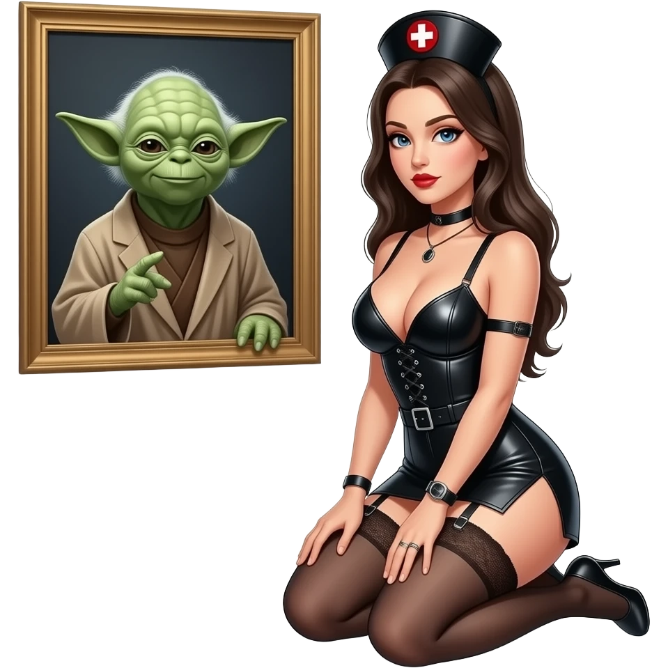 Nurse in black outfit, with garter belt and large breasts, low cut black leather outfit, kneeling in front of schoolmaster yoda emoji