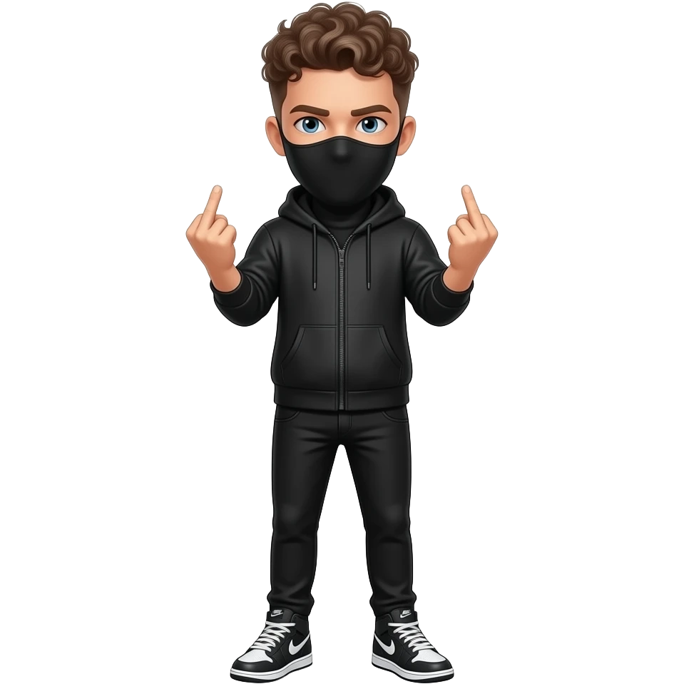 Um homem adolescente Cabelo callow fade cacheado Corpo inteiro calça e tênis nikecor de pele branca o cara branco com roupa preta fazendo um sinal com as duas mãos dando dedo do meio cara sério com balaclava emoji