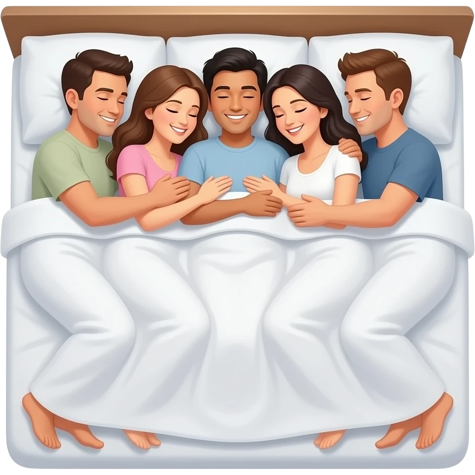 Three men are in bed next to three women, swapping their bodies and hugging each other. emoji