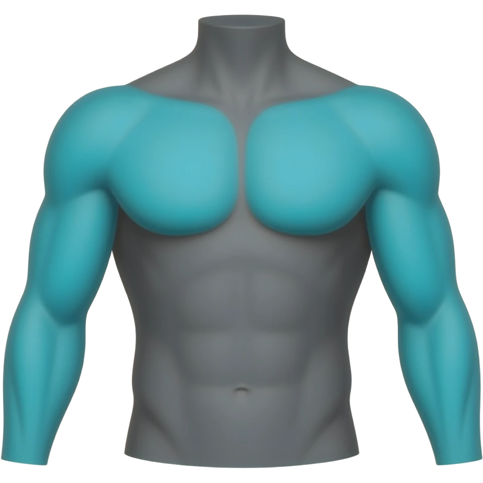 Minimal anatomical icon, dark background, front view torso with arms in dark grey, ONLY the biceps muscle bulge on the FRONT of the upper arm (between shoulder and elbow) highlighted in glowing cyan-teal #00D4B1, NOT the forearm, NOT the shoulder, NOT the chest emoji