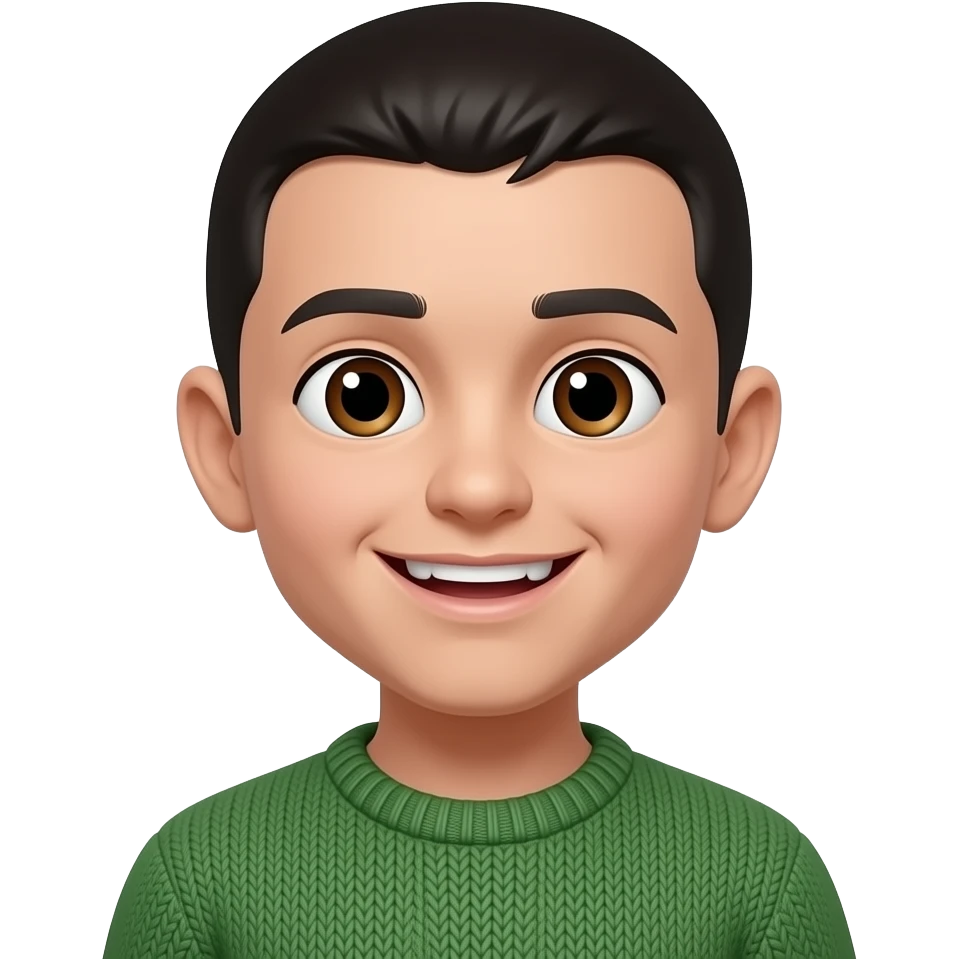 Half body emoji of a boy with shaved hair and black forelock, dark brown eyes, smiling, no two front teeth, in green sweater emoji