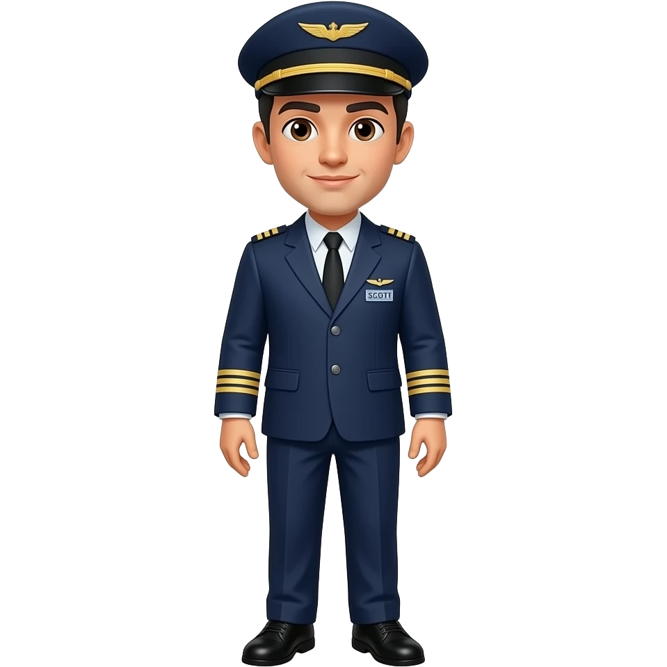 Entire body Male Pilot with legs and shoes and blazer's Black hair white skin brown eyes with hat and name badge under wing badge name “SCOTT” emoji
