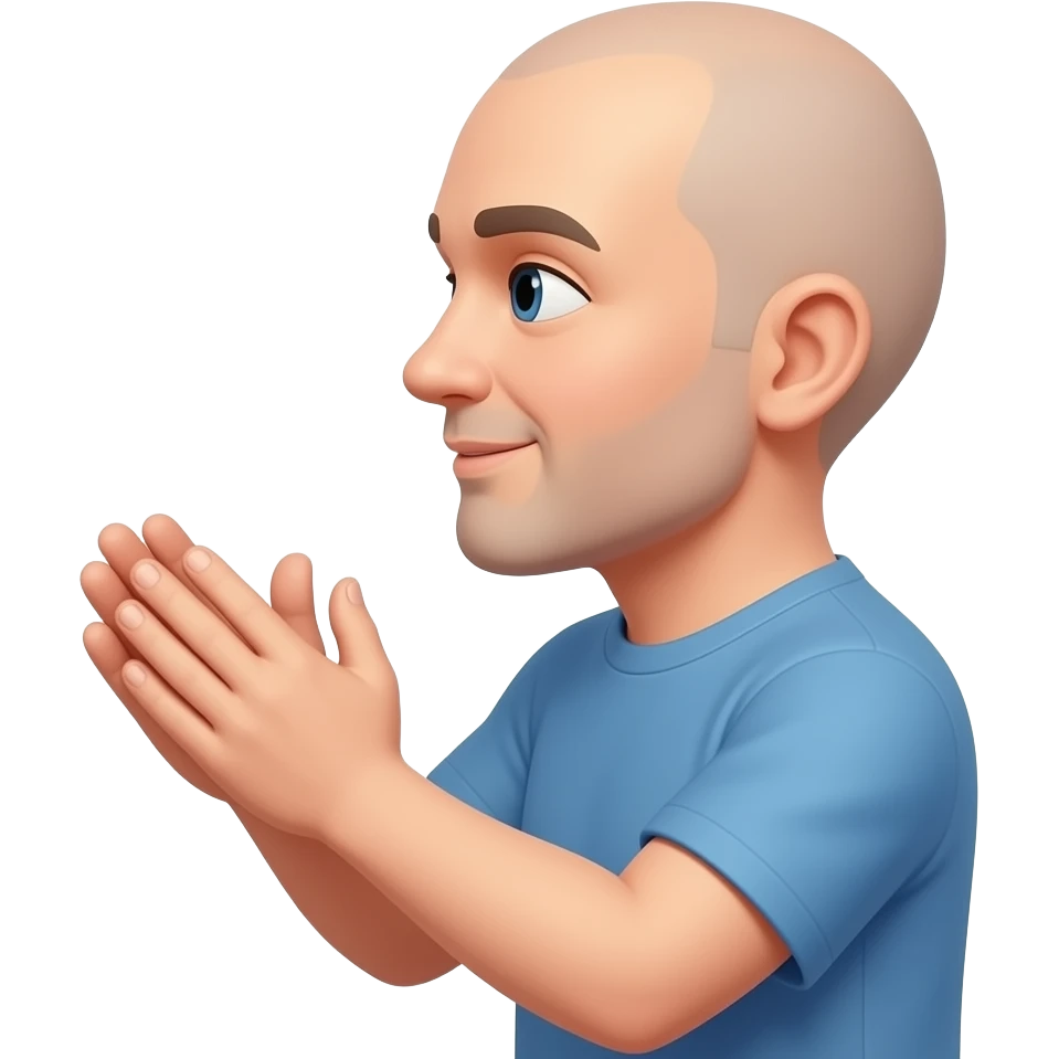 Bald guy clapping side eye view in blue crew neck emoji