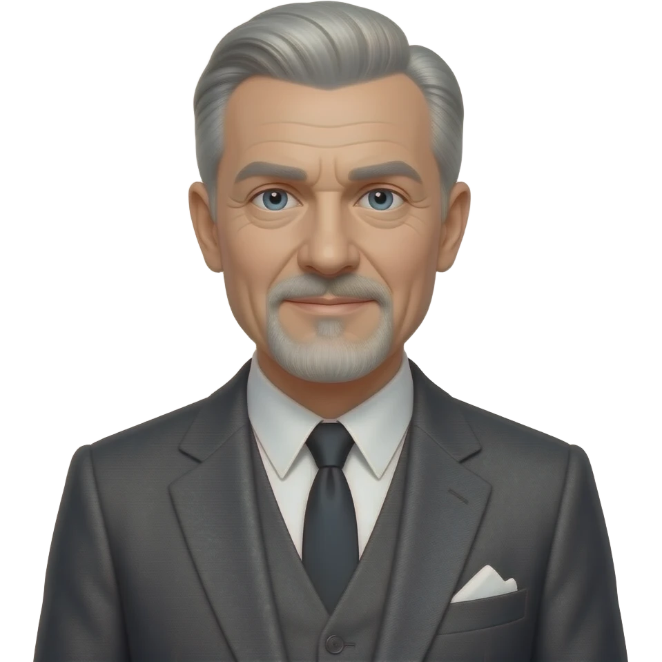 Male, late 60s, silver-grey hair, goatee, light-blue eyes, 1950s dark grey three piece suit emoji