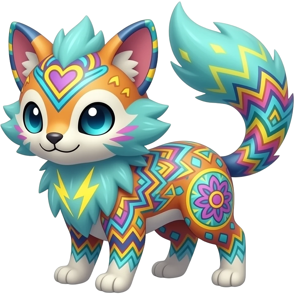 Colorful unique fantasy original shiny smooth soft flurry edgy cool Civet-Absol-Sprigatito-Vaporeon-Fakémon-hybrid with tribal chevron heart floral lightning bolt strikes damask paisley markings emoji