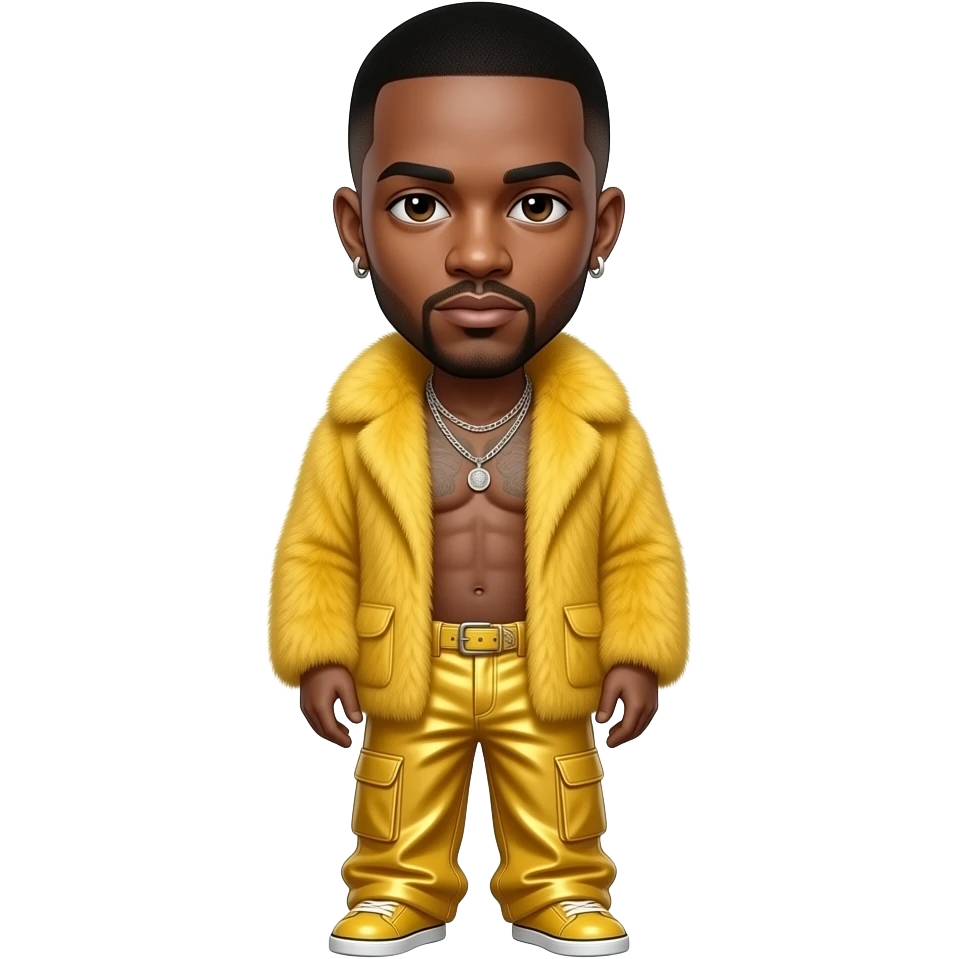 Busta Rhymes with dark brown eyes, black buzz cut hair, yellow fur shawl, yellow metallic baggy pants, shirtless with necklace and earrings emoji