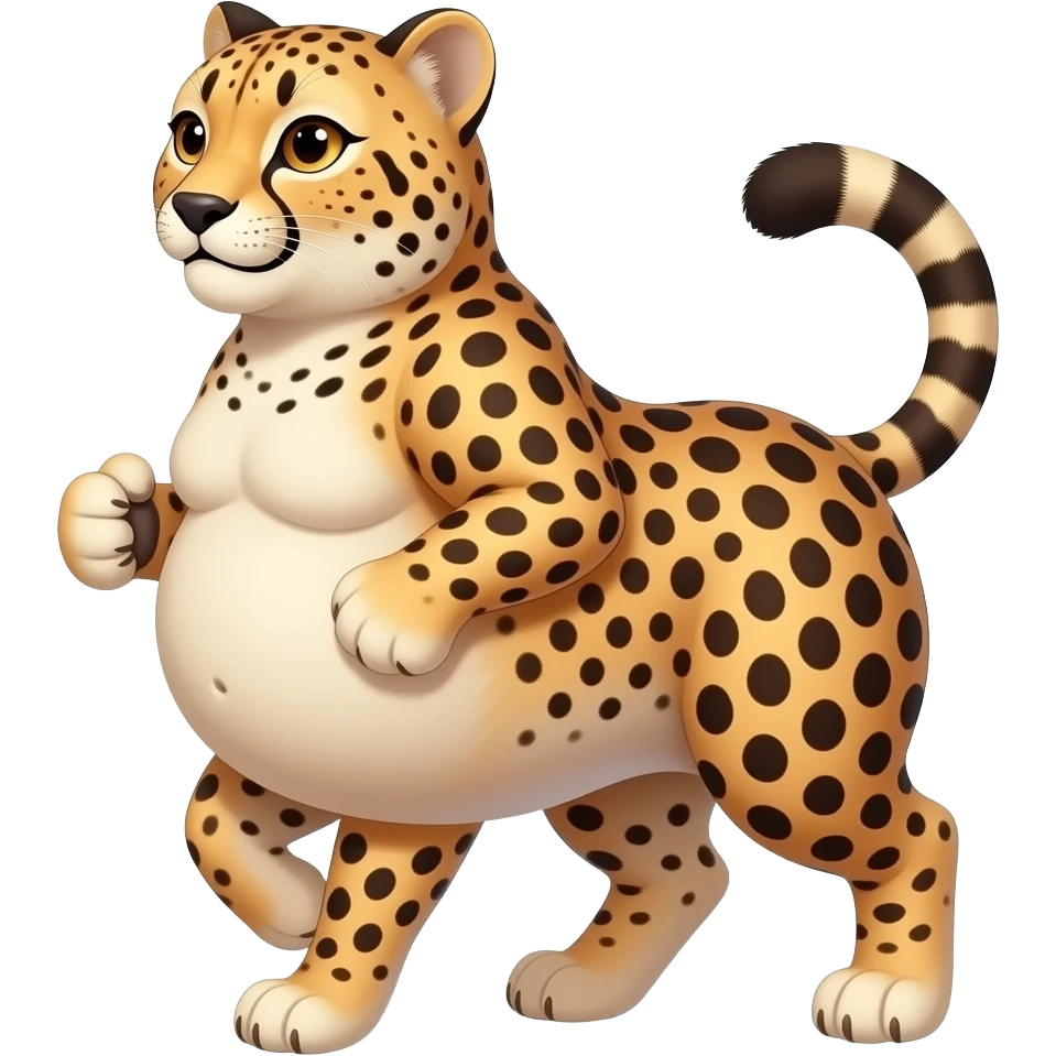 A strolling fat pot-belly cheetah,while being cheeky with her twerking butt,Her giant bulging sleek tummy is forever swinging & swaying sideways,she is so full that she wobbles,she is waddling from a big heavy belly,that cheetah ate way too much. emoji
