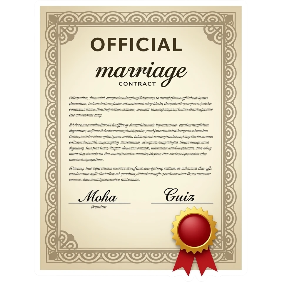 iOS-style emoji sticker of an official marriage contract, glossy 3D iOS emoji style, decorative document with signature lines and stamps, clearly showing “Moha” and “Guiz” inside the contract text, centered, white/transparent background. emoji