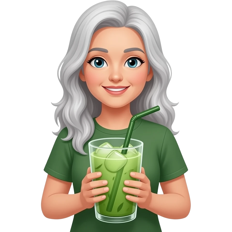 gray haired beautiful woman with a large iced matcha emoji