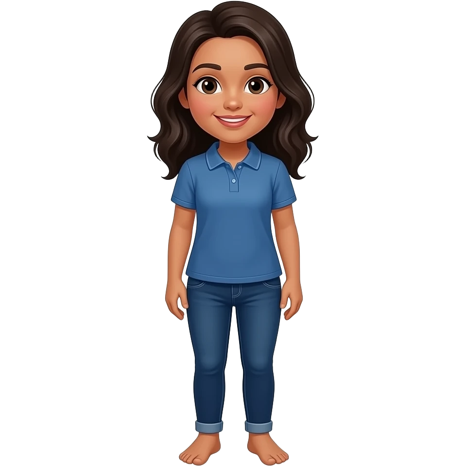 Hispanic girl with dark blue and baby blue polo and dark blue jeans showing her feet emoji