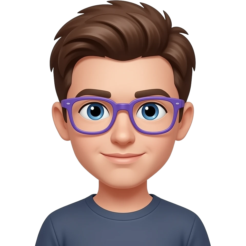 a teen with brown hair and purple bluish glasses emoji