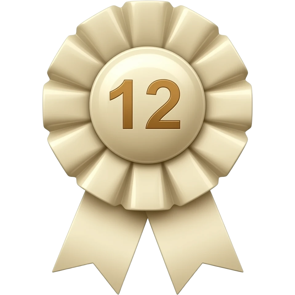 a prize ribbon that is pearl in color and has a 12 in the center emoji