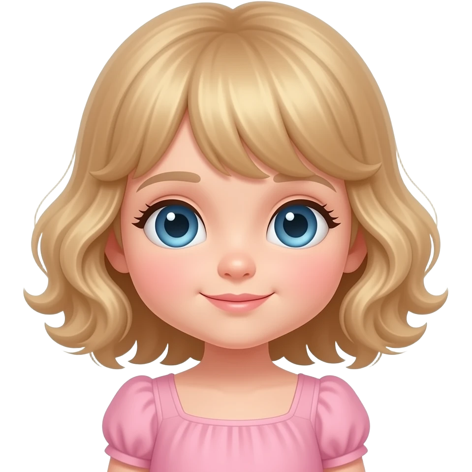 white kid blue eyes mid length with bangs soft curly hair to shoulders in color: middle to little darker blonde, in a dress, sleeping emoji