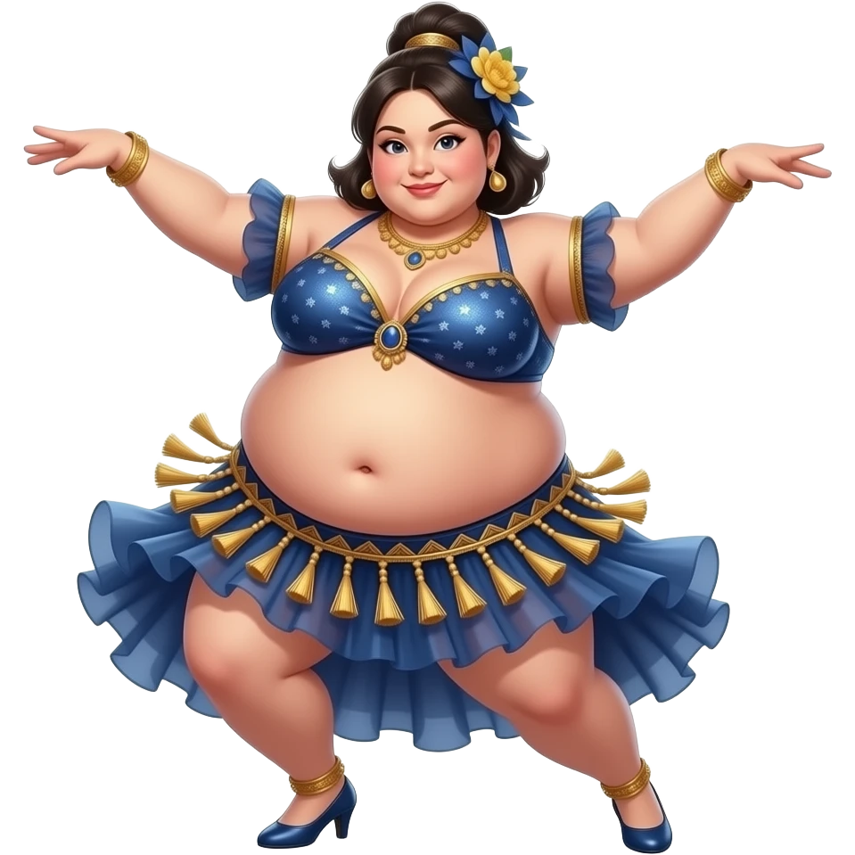 A sumo girl belly dancer,with an morbid obese love handles & muffin top midriff,her bellybutton bulging from being stuffed to the max after a luncheon buffet,She dances then her bouncy belly wobbles a lot. emoji
