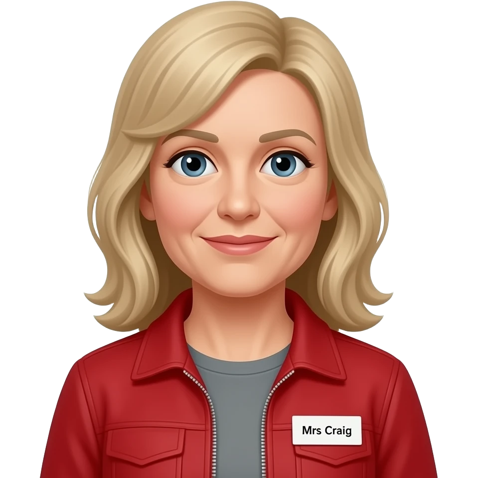 Make this emoji with dirty blonde hair below the shoulers, over 55 years old, with a red jacket and gray undershirt and name tag says Mrs. Craig emoji