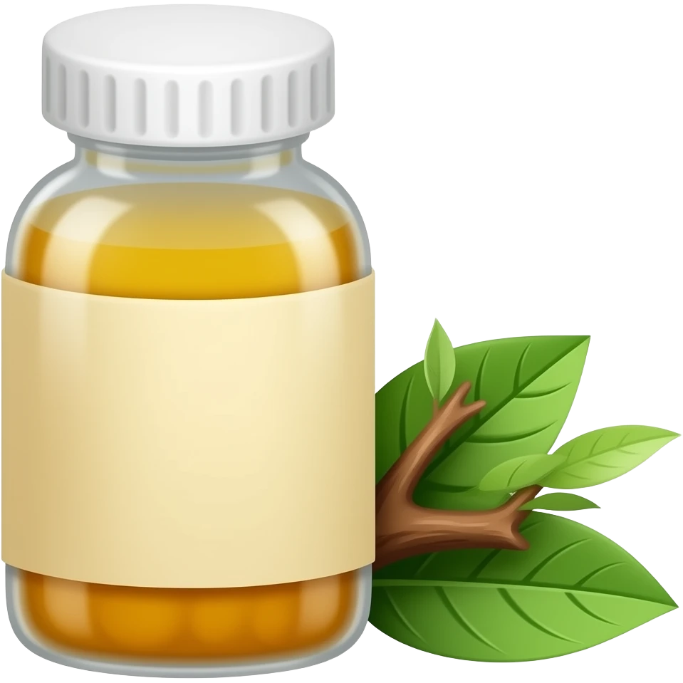 full medicine bottle with tree bark and leaves nearby emoji
