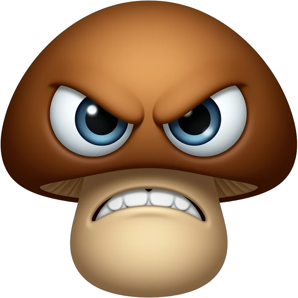 a brown mushroom with big eyes and angry mouth with two pointy teeth emoji