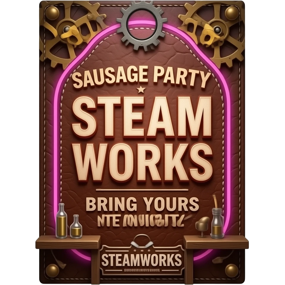 Poster "Sausage party at SteamWorks, bring yours tonight." In a gay male leatherman theme. emoji