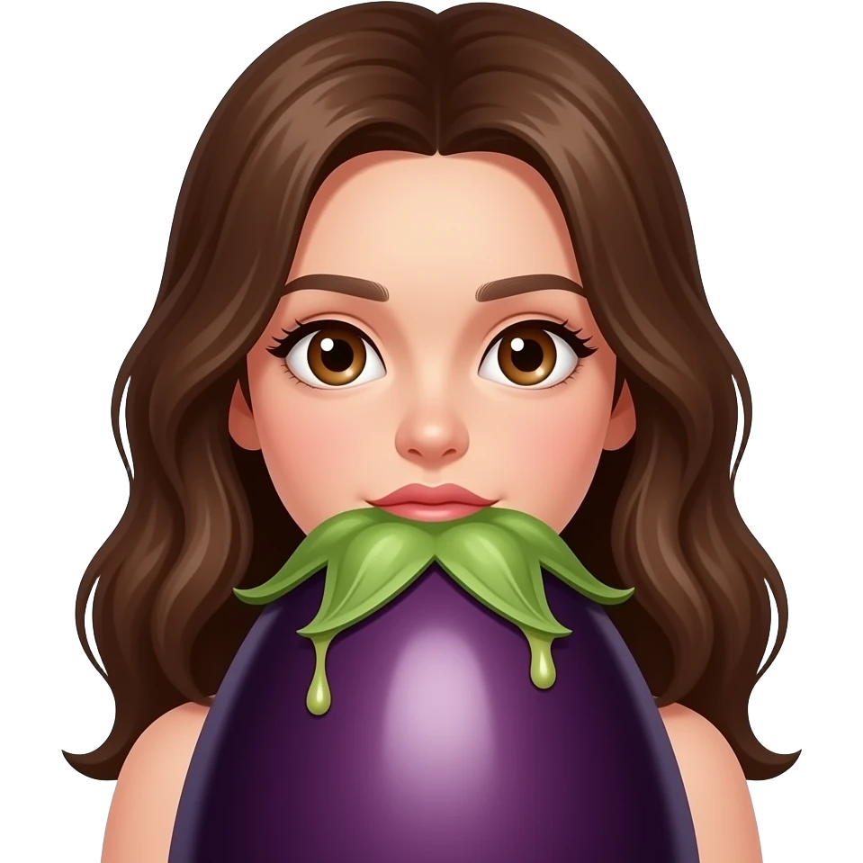 Suggestive Long Brown haired, brown eyed Girl licking a large dripping eggplant emoji