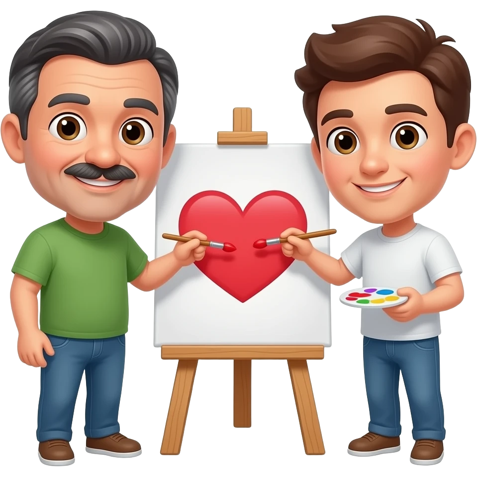 Mann (40) mit moustache und jüngerer Mann (23) malen zusammen Oberkörper frei ein Herz auf einer Staffelei emoji