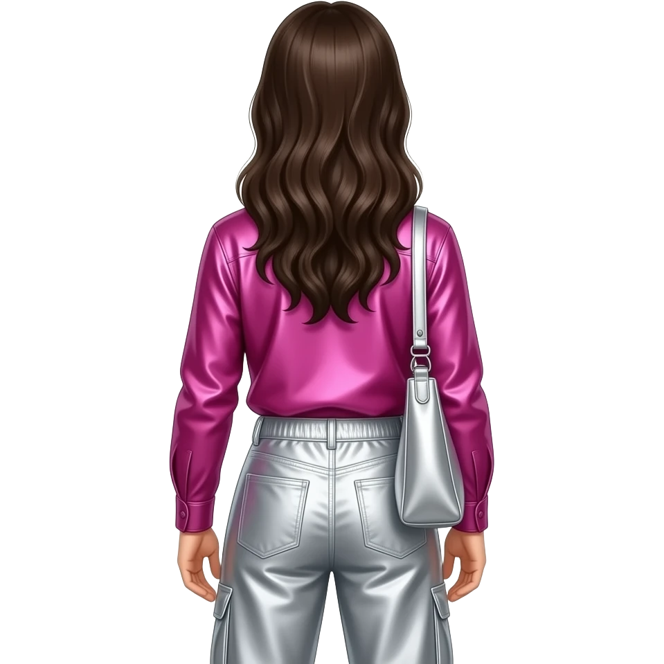 Chris Pontius from behind with long dark brown hair, hot pink metallic shirt, silver metallic baggy pants emoji
